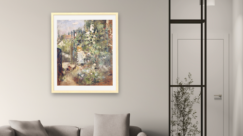 A Child In the Rosebeds by Berthe Morisot, shown at 32 × 40 in (81.3 × 101.6 cm) in Arber Natural, living [arteriel-render:v6:room_a:32x40@35,39]