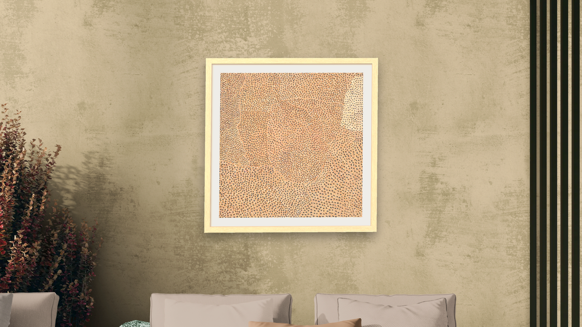 Wallaby Dreaming by Mick Namarari Tjapaltjarri, shown at 32 × 32 in (81.3 × 81.3 cm) in Arber Natural, living