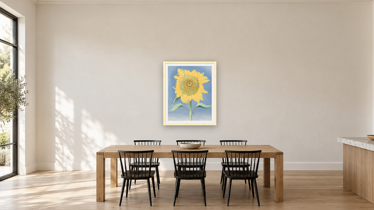 Sunflower, New Mexico, I by Georgia O'Keeffe, shown at 32 × 40 in (81.3 × 101.6 cm) in Arber Natural, kitchen