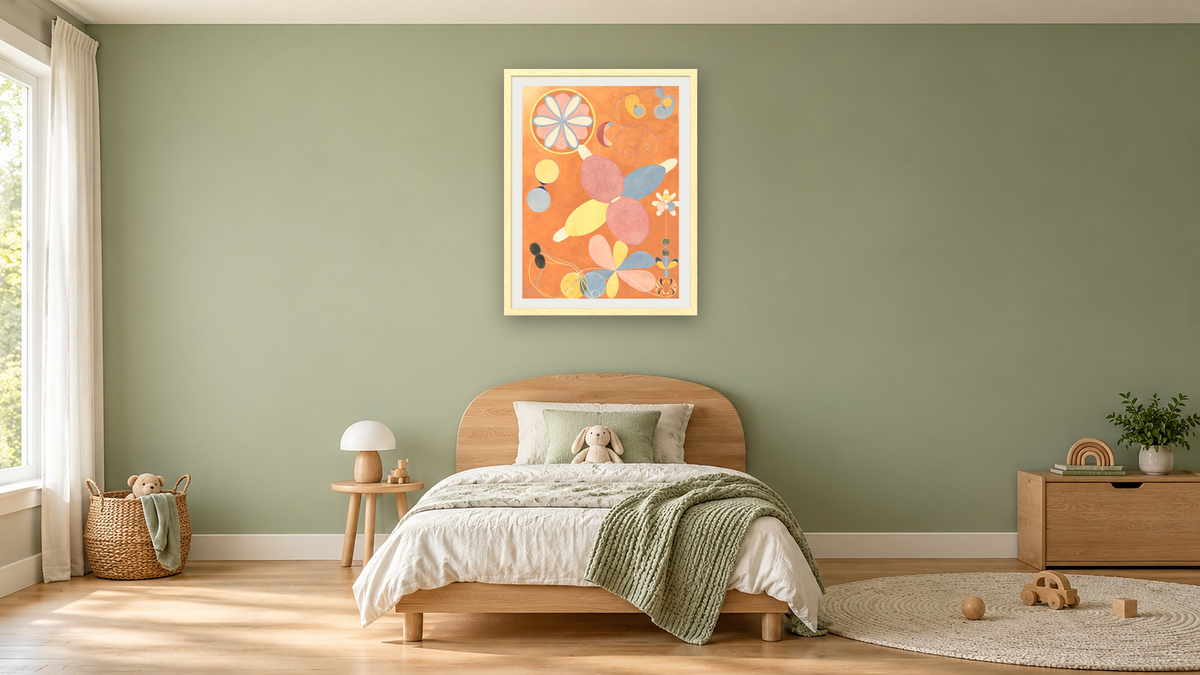 Group IV, The Ten Largest, No. 4, Youth by Hilma af Klint, shown at 30 × 40 in (76.2 × 101.6 cm) in Arber Natural, kids' room