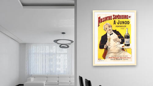 Absinthe Superieure Beverage Poster, shown at 30 × 40 in (76.2 × 101.6 cm) in Arber Natural, dining [arteriel-render:v6:room_a:30x40@75,44]