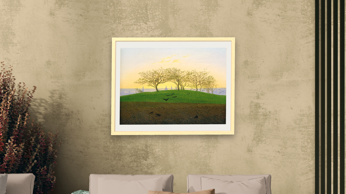 Hills and Ploughed Fields near Dresden by Caspar David Friedrich, shown at 30 × 40 in (76.2 × 101.6 cm) in Arber Natural, living