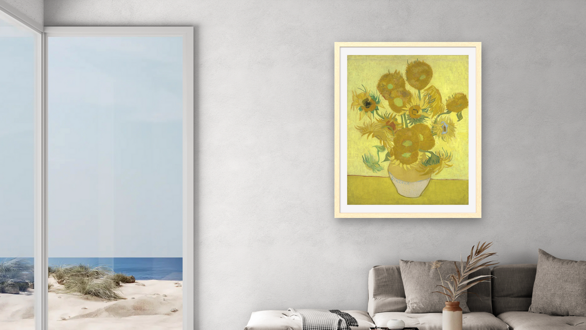 Sunflowers by Vincent van Gogh, shown at 30 × 40 in (76.2 × 101.6 cm) in Arber Natural, living