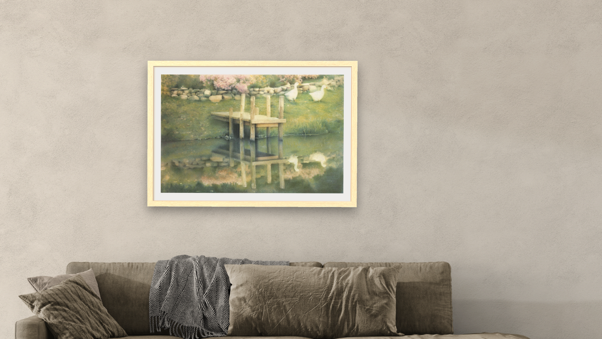 Spring Morning Reflection by Kirsten Söderlind, shown at 28 × 42 in (71.1 × 106.7 cm) in Arber Natural, living