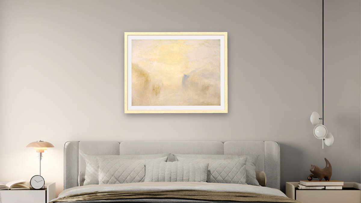 Sunrise, with a Boat between Headlands by Joseph Mallord William Turner, shown at 30 × 40 in (76.2 × 101.6 cm) in Arber Natural, bedroom