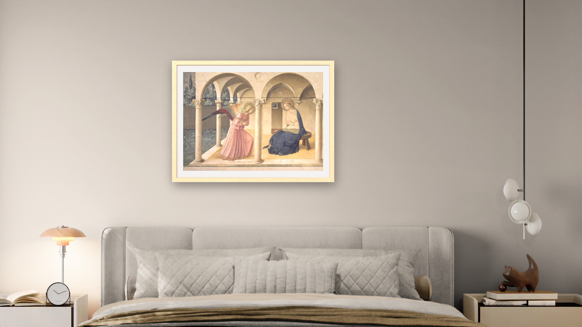 The Annunciation by Fra Angelico, shown at 30 × 40 in (76.2 × 101.6 cm) in Arber Natural, bedroom