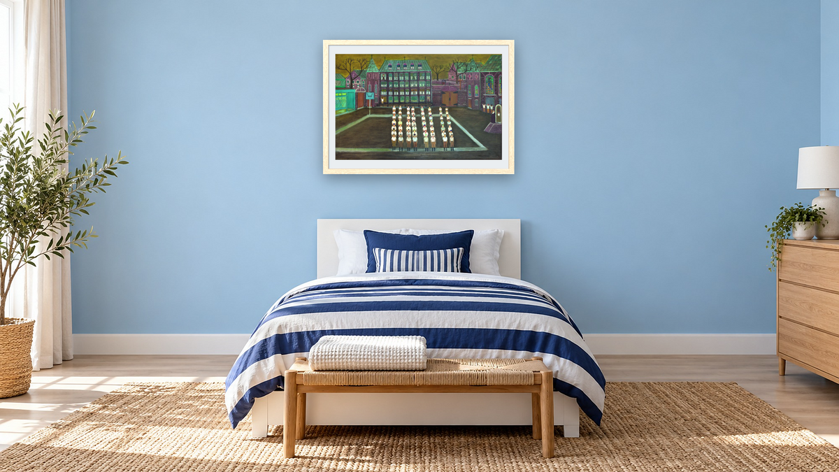 Lineup at the Protectory #2 by Ralph Fasanella, shown at 28 × 42 in (71.1 × 106.7 cm) in Arber Natural, kids' room
