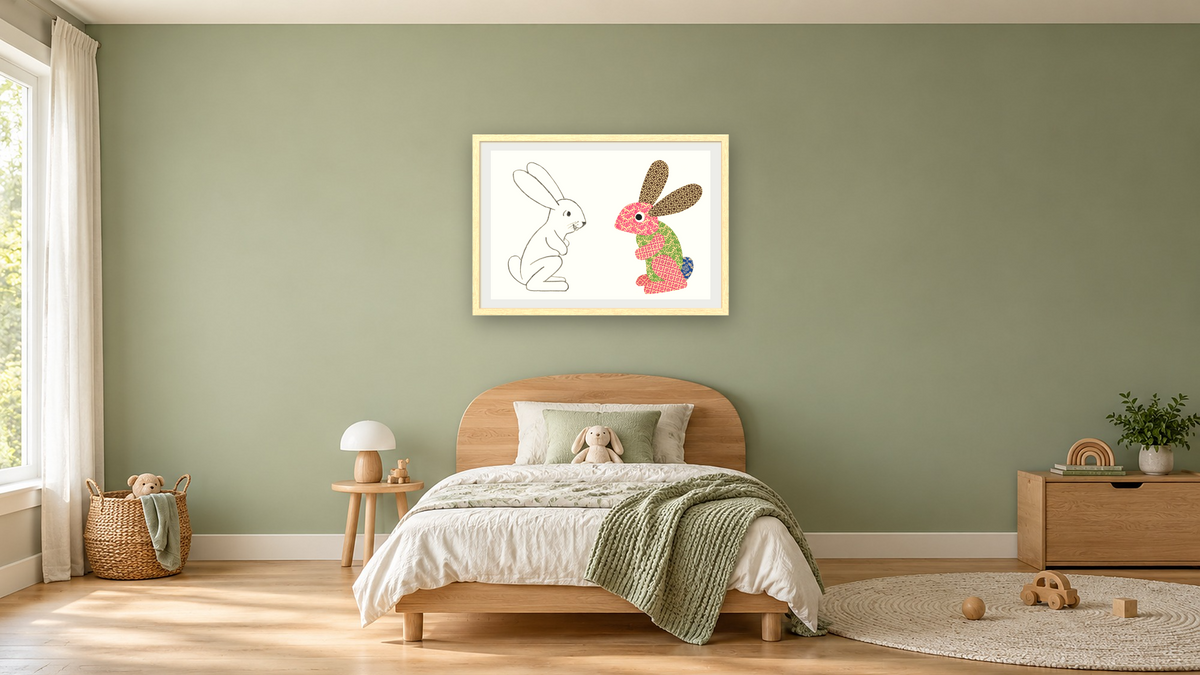 Let's Make Rabbits by Leo Lionni, shown at 28 × 42 in (71.1 × 106.7 cm) in Arber Natural, kids' room