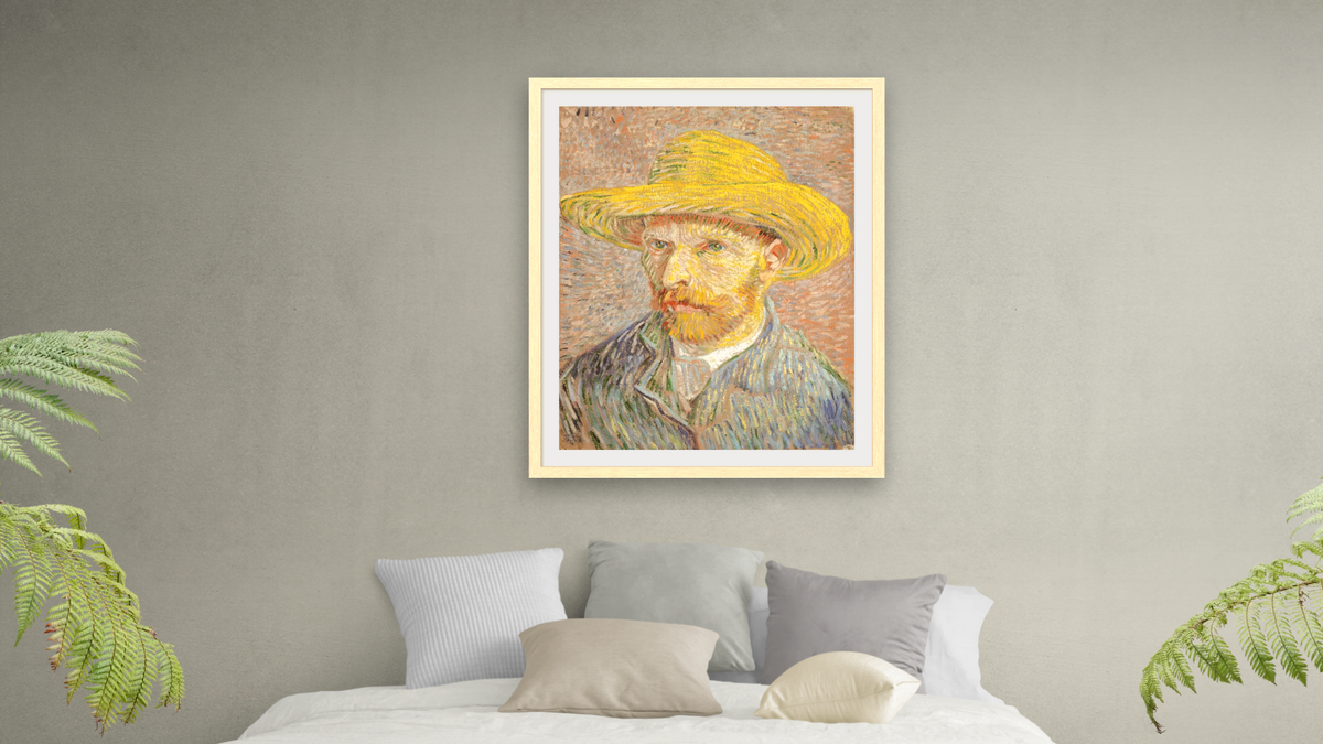 Self-Portrait with a Straw Hat (obverse: The Potato Peeler) by Vincent van Gogh, shown at 32 × 40 in (81.3 × 101.6 cm) in Arber Natural, bedroom