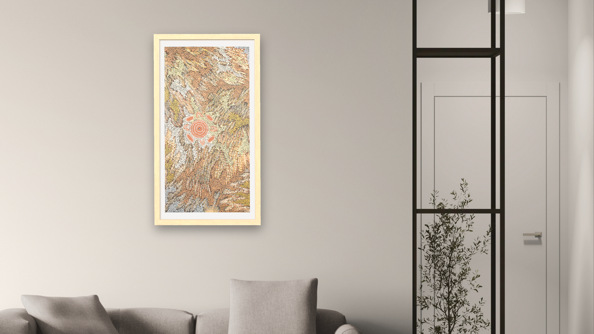 Women's Dreaming by Maxie Tjamitjinpa, shown at 20 × 40 in (50.8 × 101.6 cm) in Arber Natural, living