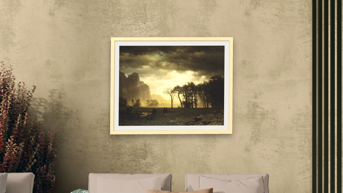 Passing Storm in Yosemite by Albert Bierstadt, shown at 30 × 40 in (76.2 × 101.6 cm) in Arber Natural, living