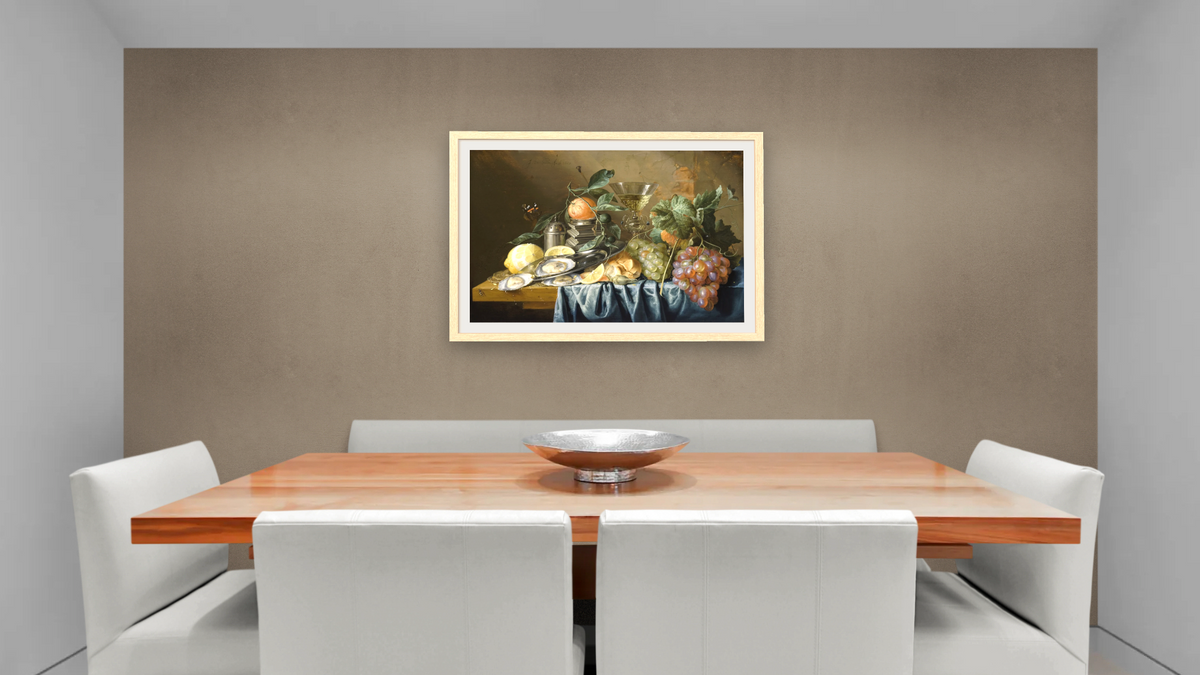 Still Life with Oysters and Grapes by Jan Davidsz de Heem, shown at 28 × 42 in (71.1 × 106.7 cm) in Arber Natural, dining
