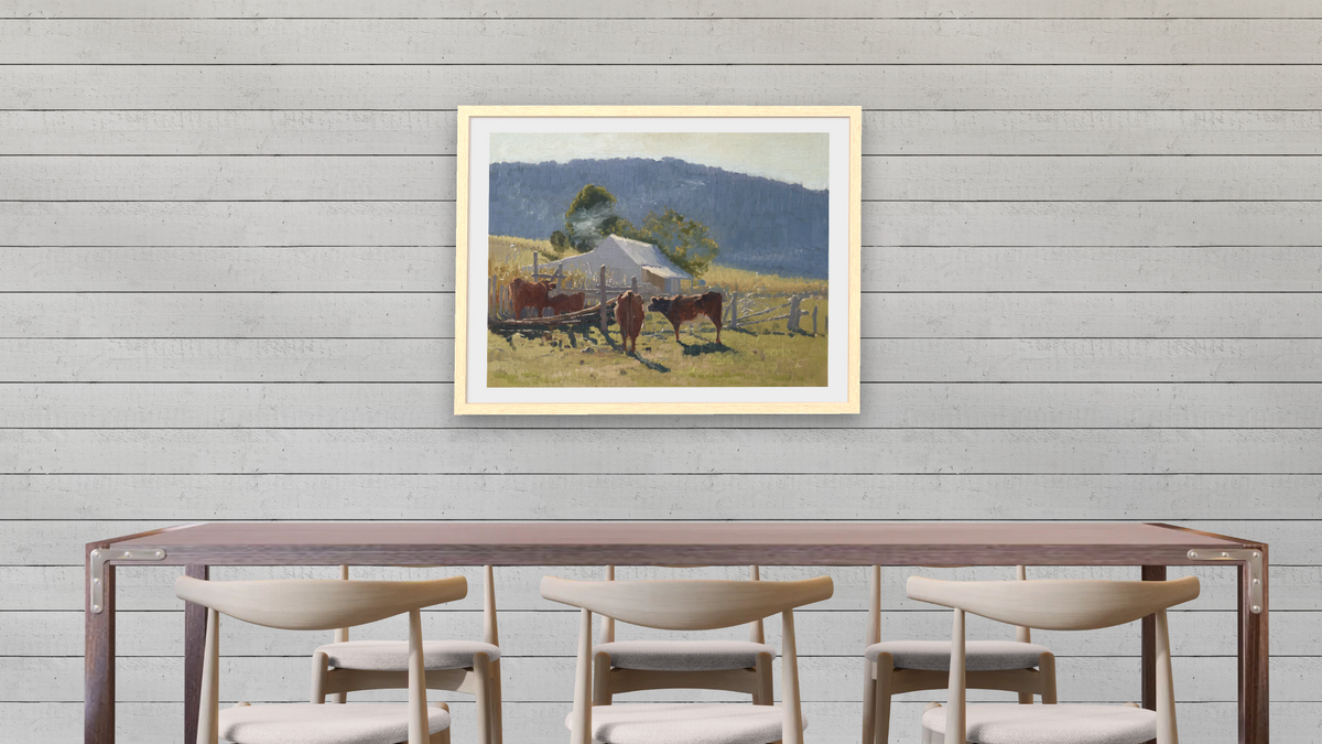 Milking Time by Elioth Gruner, shown at 30 × 40 in (76.2 × 101.6 cm) in Arber Natural, dining