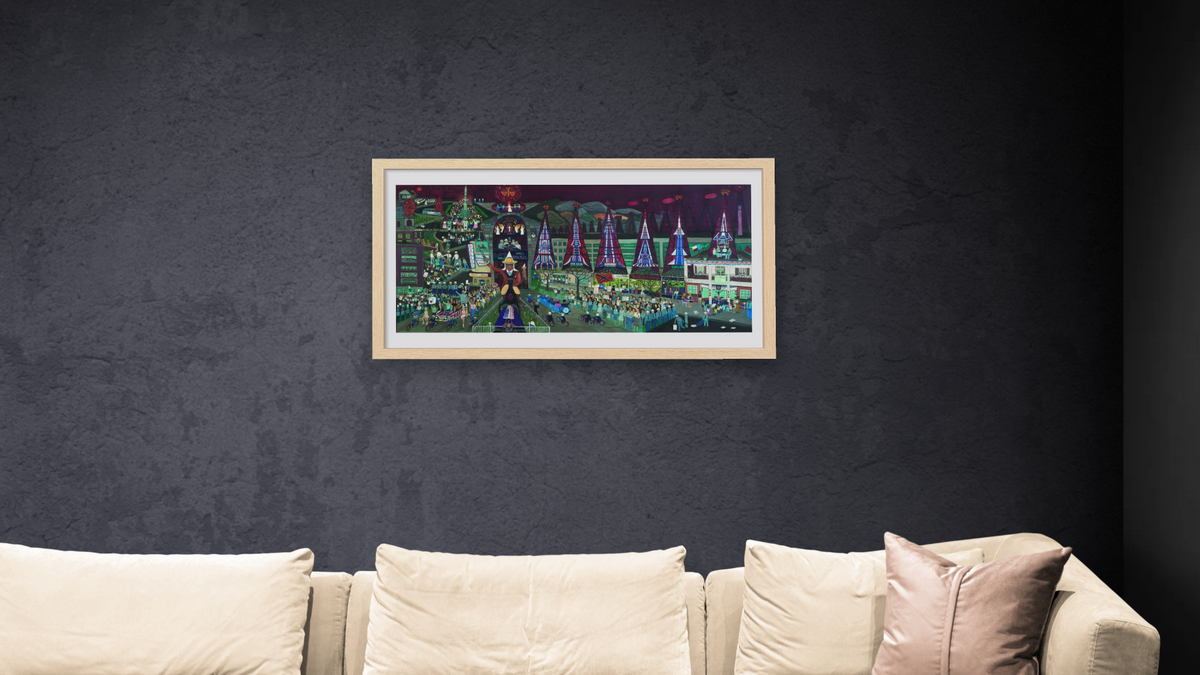 American Tragedy by Ralph Fasanella, shown at 20 × 40 in (50.8 × 101.6 cm) in Arber Natural, living