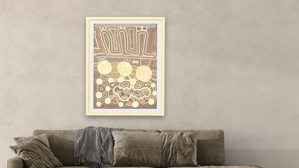Untitled by Uta Uta Tjangala, shown at 30 × 40 in (76.2 × 101.6 cm) in Arber Natural, living