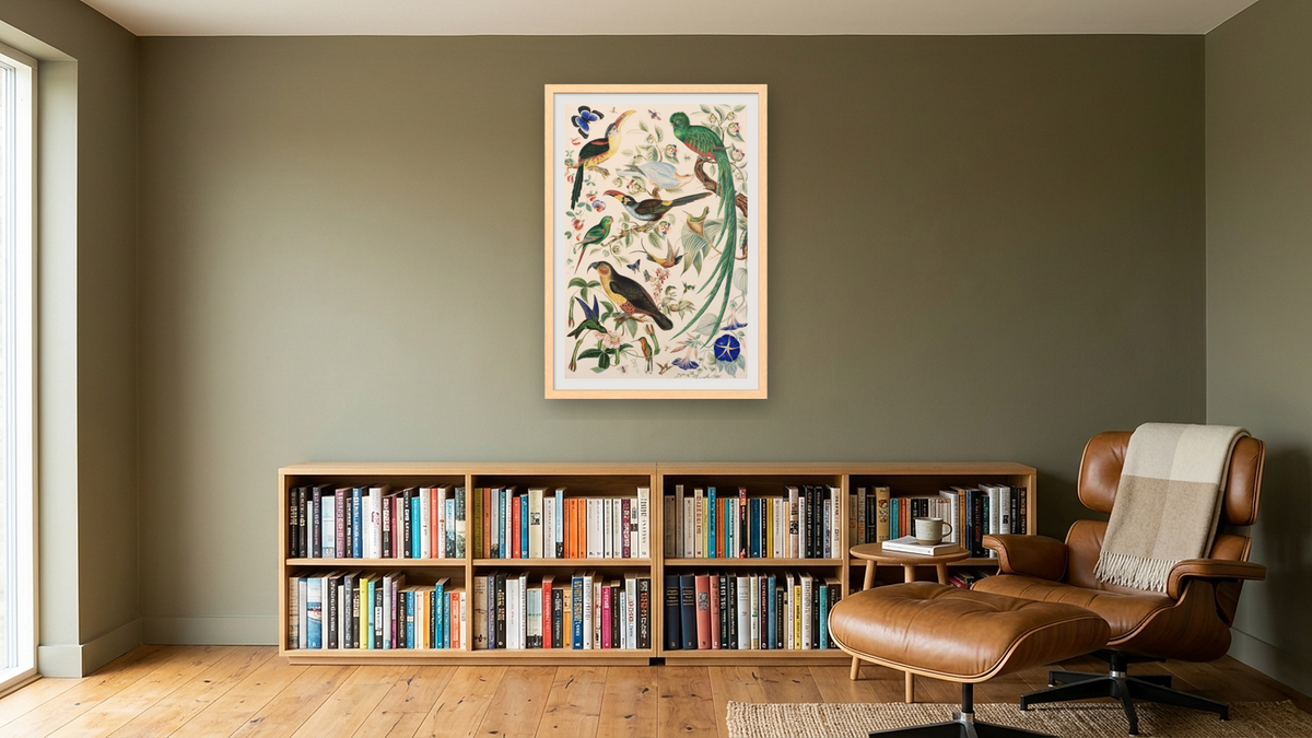 Exotic Parrots by School of John James Audubon, shown at 28 × 42 in (71.1 × 106.7 cm) in Arber Natural, library