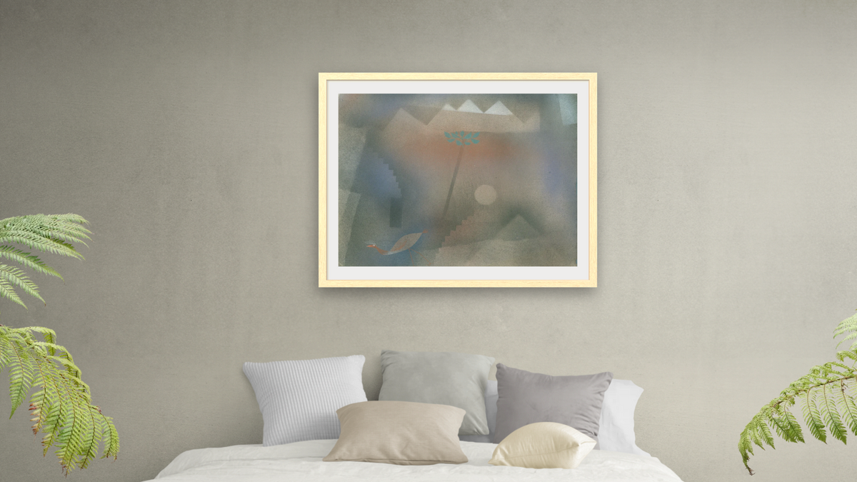 Bird Wandering Off by Paul Klee, shown at 32 × 40 in (81.3 × 101.6 cm) in Arber Natural, bedroom
