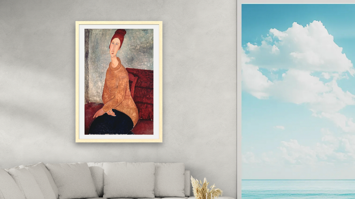 Jeanne Hebuterne in a Yellow Jumper by Amedeo Modigliani, shown at 28 × 42 in (71.1 × 106.7 cm) in Arber Natural, living