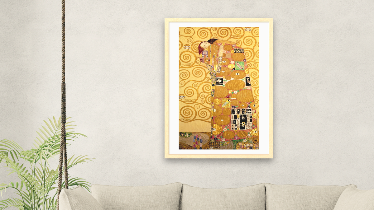 Fulfilment (Stoclet Frieze) by Gustav Klimt, shown at 28 × 42 in (71.1 × 106.7 cm) in Arber Natural, living