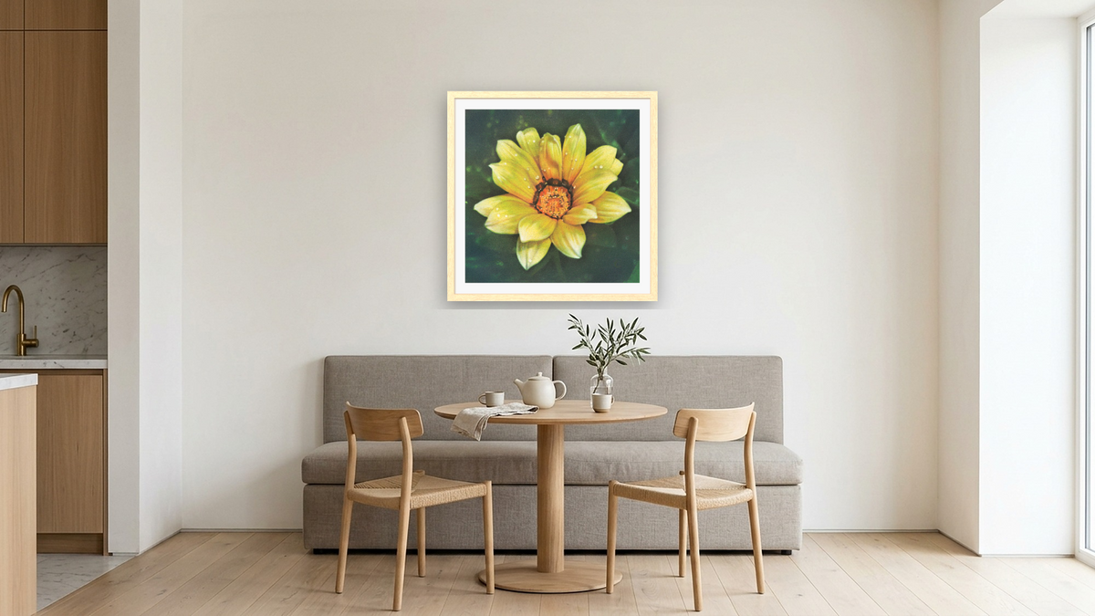 Single Dahlia by Kirsten Söderlind, shown at 32 × 32 in (81.3 × 81.3 cm) in Arber Natural, kitchen