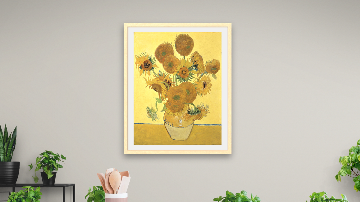Sunflowers by Vincent van Gogh, shown at 32 × 40 in (81.3 × 101.6 cm) in Arber Natural, dining