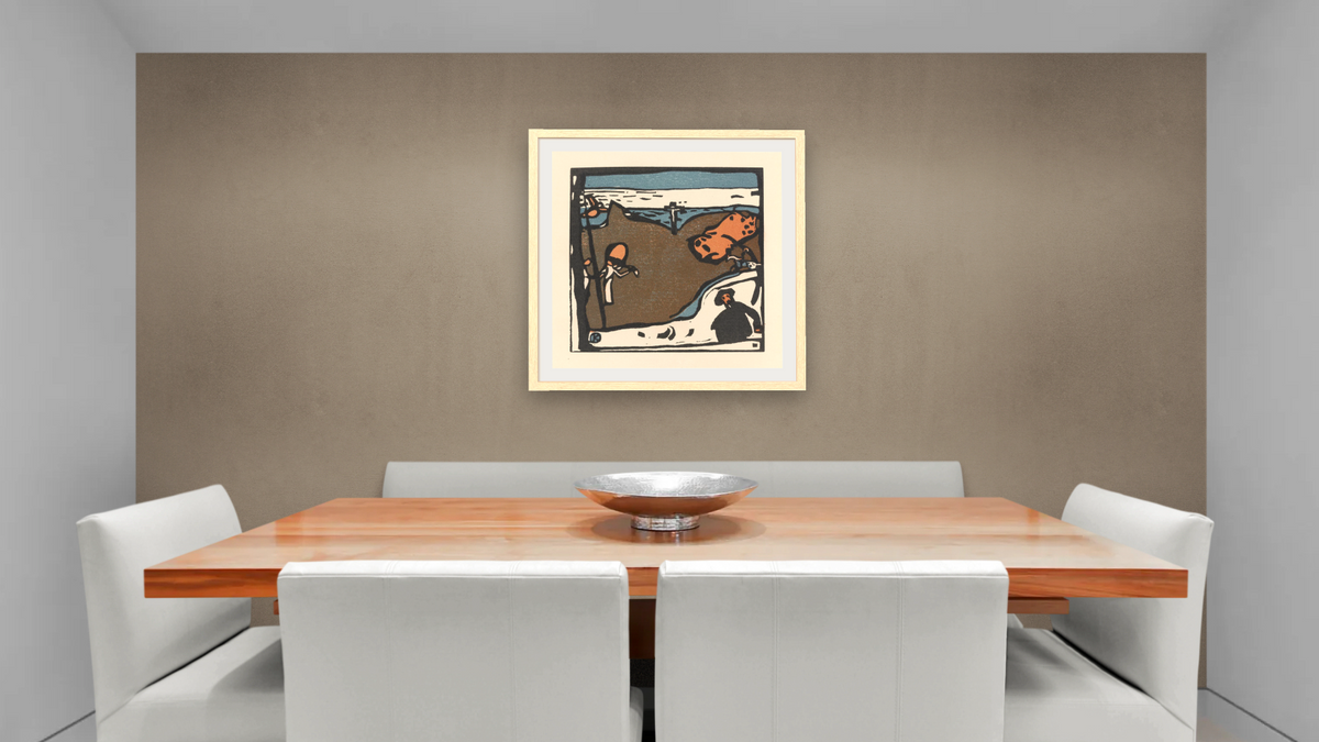 Landschaft mit Figuren und Kruzifix (Landscape with Figures and Crucifix), from Klänge (Sounds) by Wassily Kandinsky, shown at 32 × 32 in (81.3 × 81.3 cm) in Arber Natural, dining
