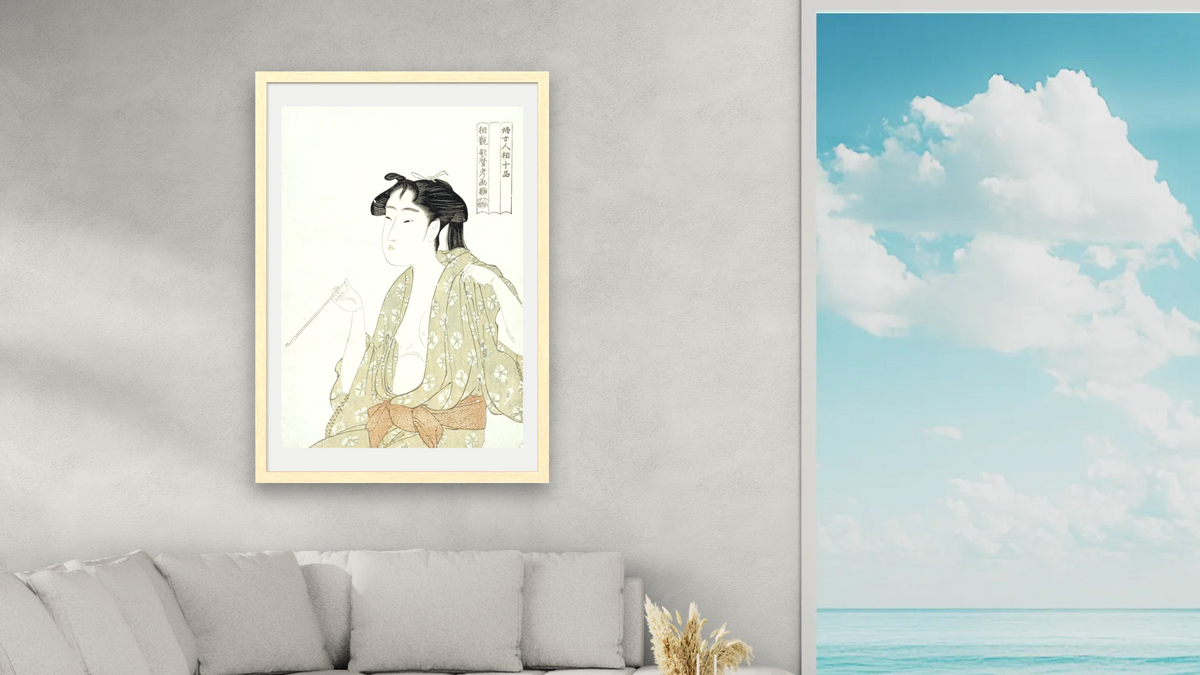 Half-Length Portrait Of A Woman Smoking, Holding A Pipe And Exhaling A Cloud Of Smoke by Kitagawa Utamaro, shown at 28 × 42 in (71.1 × 106.7 cm) in Arber Natural, living