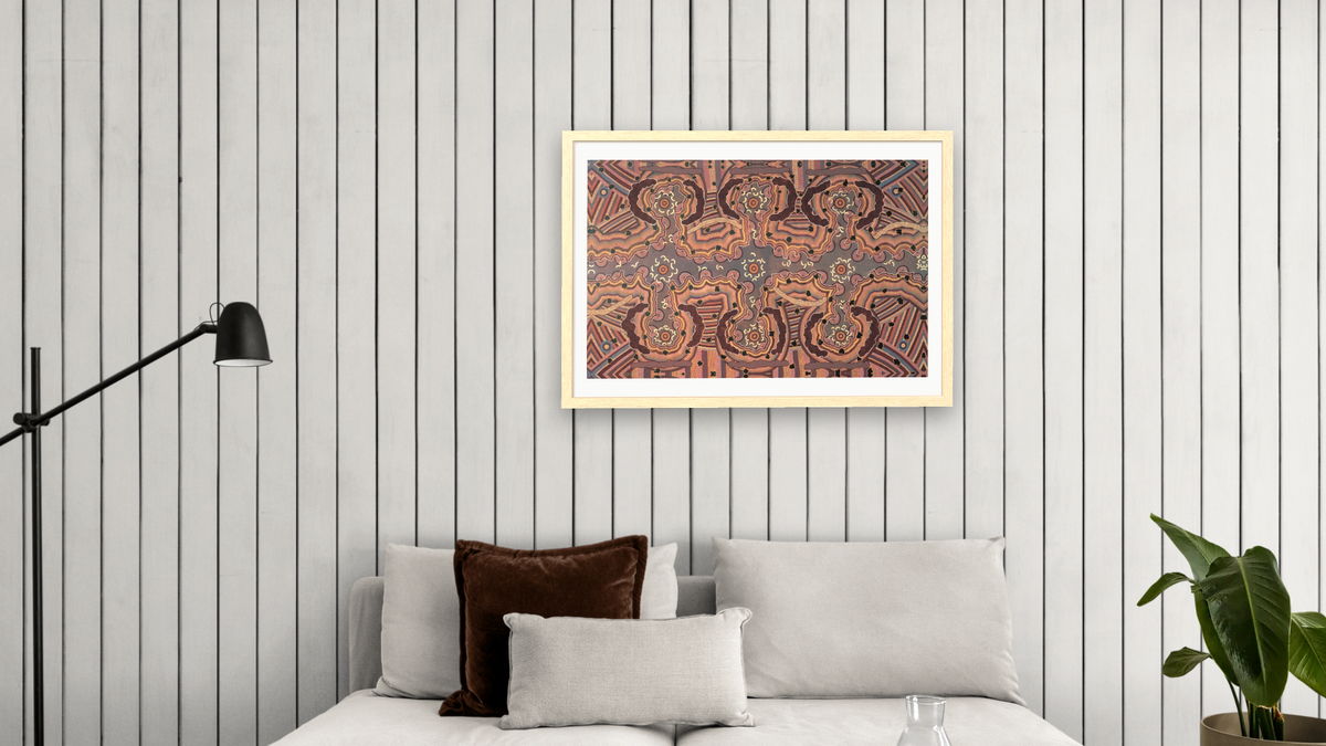 Yuelamu honey ant dreaming by Clifford Possum Tjapaltjarri, shown at 28 × 42 in (71.1 × 106.7 cm) in Arber Natural, living