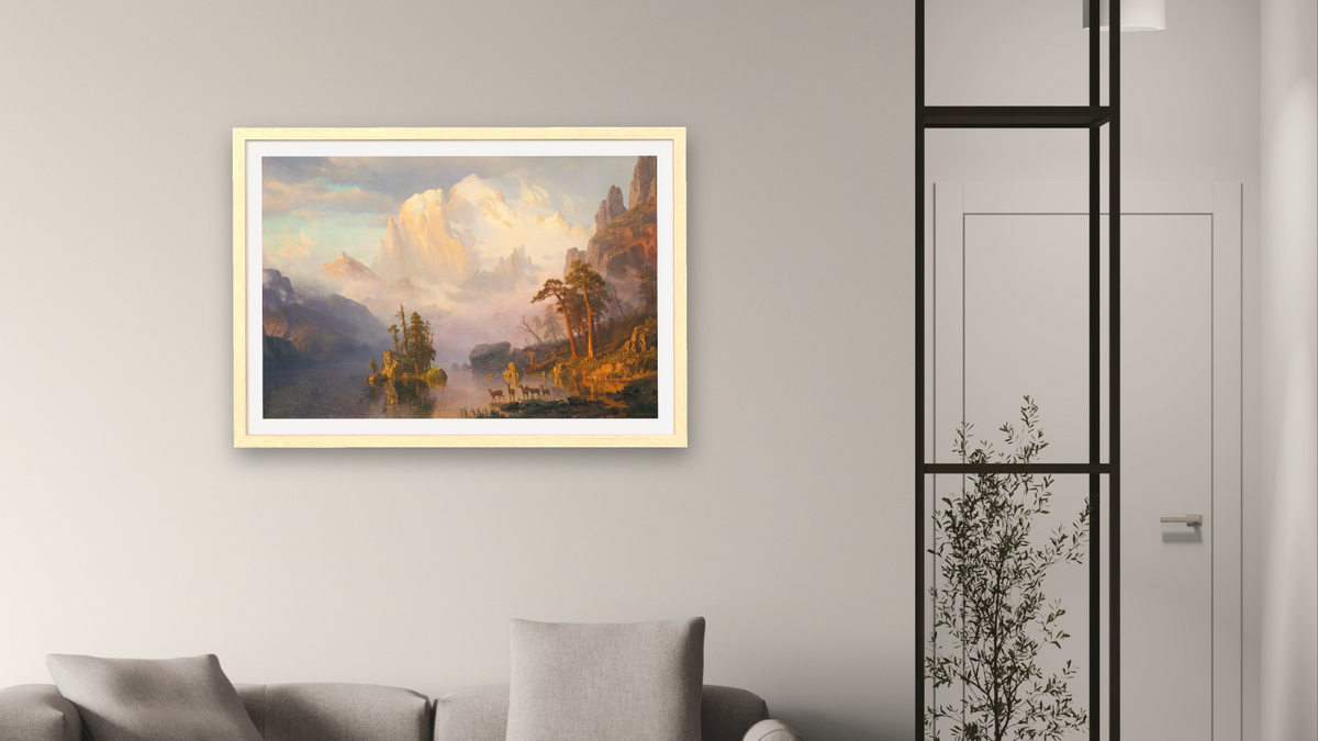 Rocky Mountains by Albert Bierstadt, shown at 28 × 42 in (71.1 × 106.7 cm) in Arber Natural, living