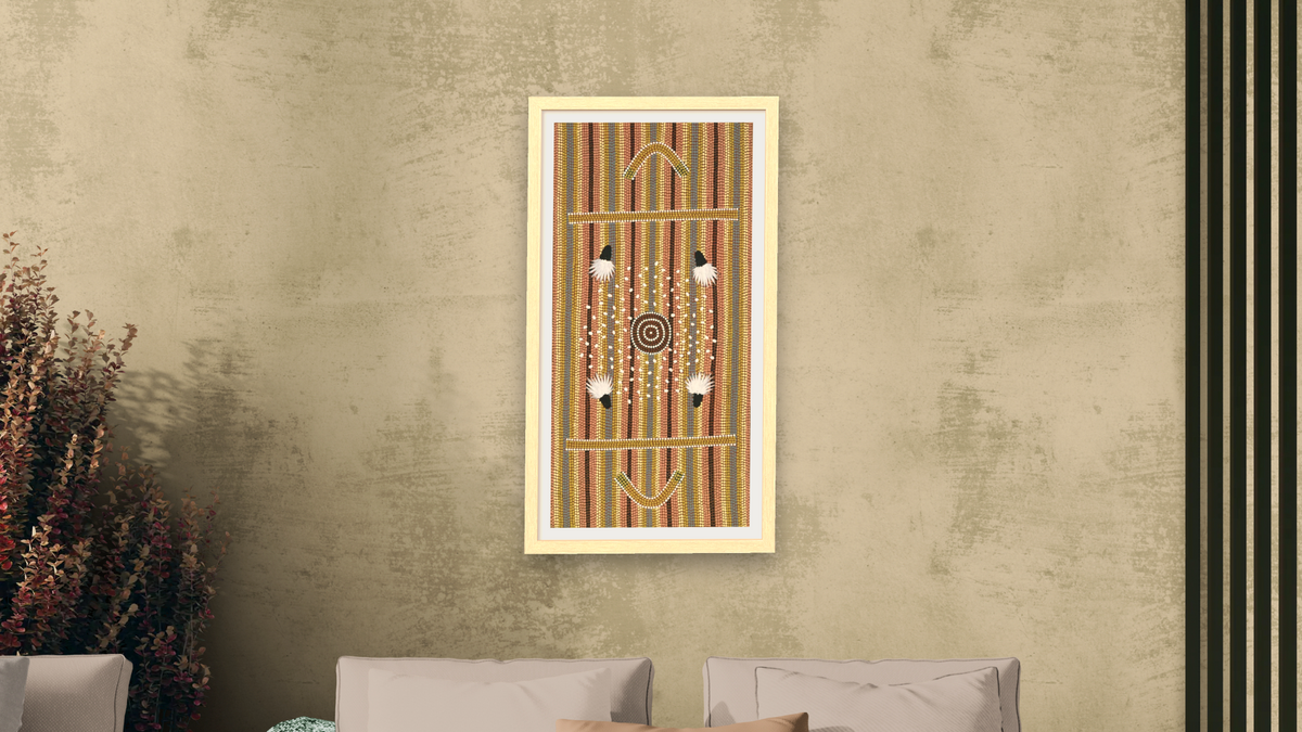 Men's Dreaming by Clifford Possum Tjapaltjarri, shown at 20 × 40 in (50.8 × 101.6 cm) in Arber Natural, living