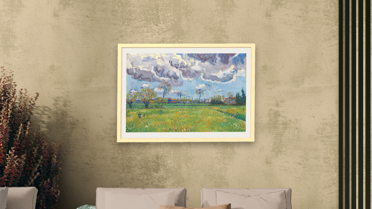 Landscape Under a Stormy Sky by Vincent van Gogh, shown at 28 × 42 in (71.1 × 106.7 cm) in Arber Natural, living
