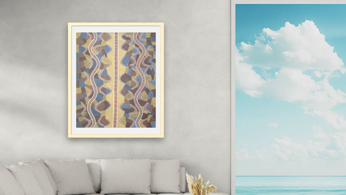 Budgerigar Dreaming by Paddy Carroll Tjunurrayi, shown at 32 × 40 in (81.3 × 101.6 cm) in Arber Natural, living