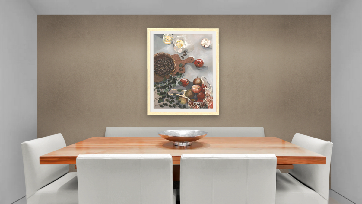 Apples and Walnuts, shown at 30 × 40 in (76.2 × 101.6 cm) in Arber Natural, dining