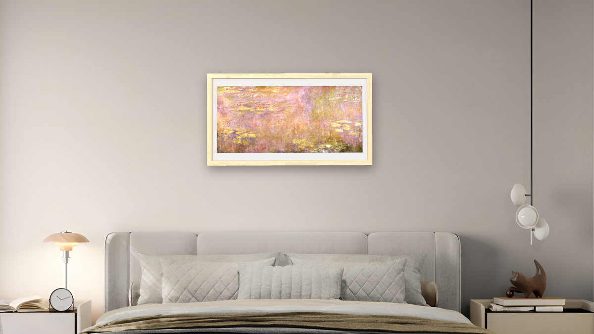 Waterlilies by Claude Monet, shown at 20 × 40 in (50.8 × 101.6 cm) in Arber Natural, bedroom