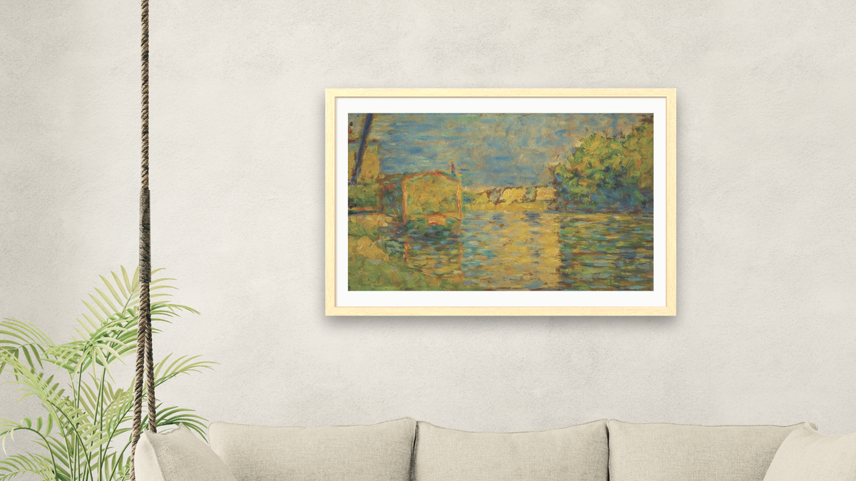 Banks of the Seine near Courbevoie by Georges Seurat, shown at 28 × 42 in (71.1 × 106.7 cm) in Arber Natural, living