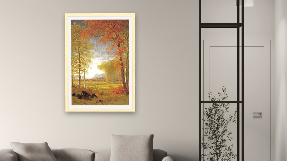 Autumn In America, Oneida County, New York by Albert Bierstadt, shown at 28 × 42 in (71.1 × 106.7 cm) in Arber Natural, living