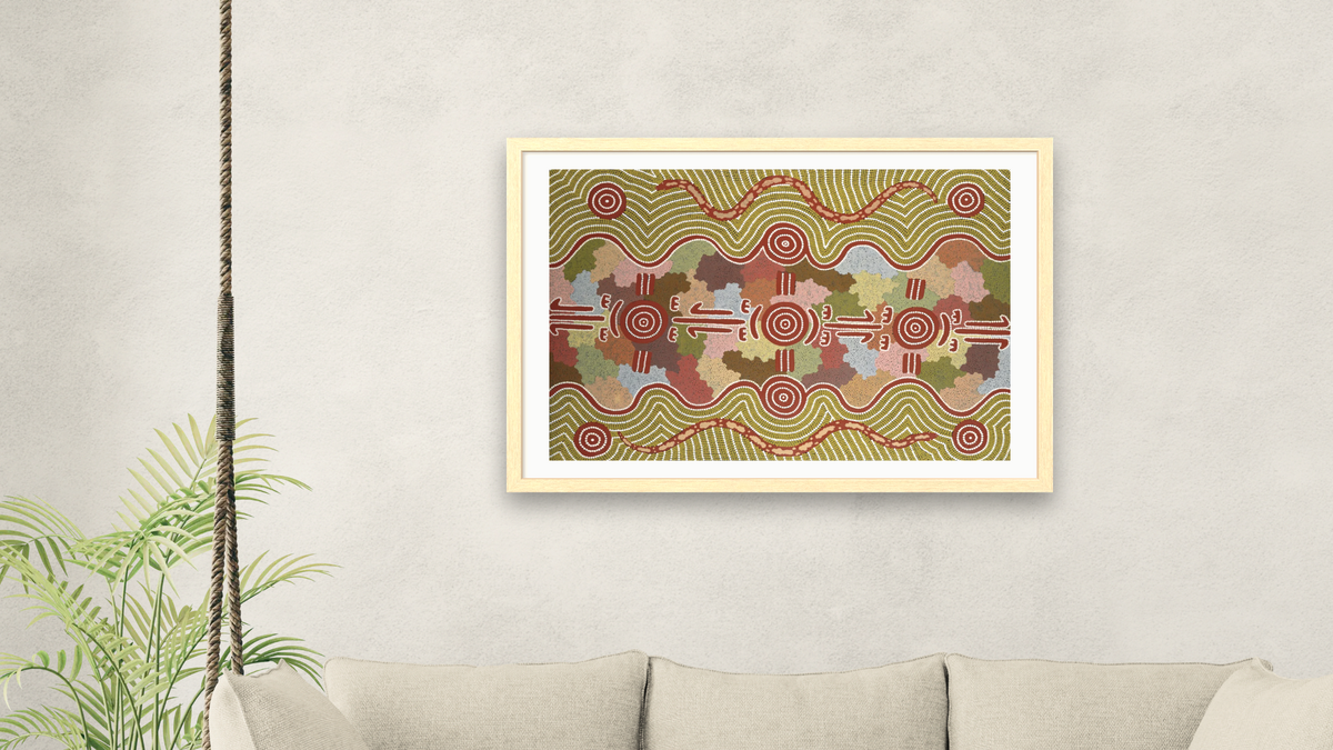 Kangaroo Dreaming with Rainbow Serpent by Michael Nelson Tjakamarra, shown at 28 × 42 in (71.1 × 106.7 cm) in Arber Natural, living
