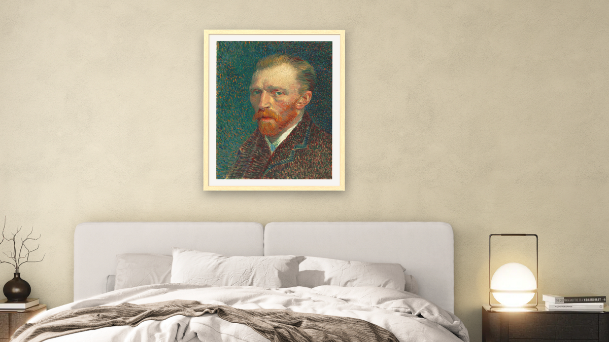 Self-Portrait by Vincent van Gogh, shown at 32 × 40 in (81.3 × 101.6 cm) in Arber Natural, bedroom