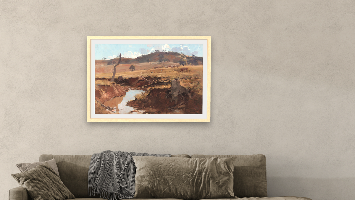 The Creek by Arthur Streeton, shown at 28 × 42 in (71.1 × 106.7 cm) in Arber Natural, living