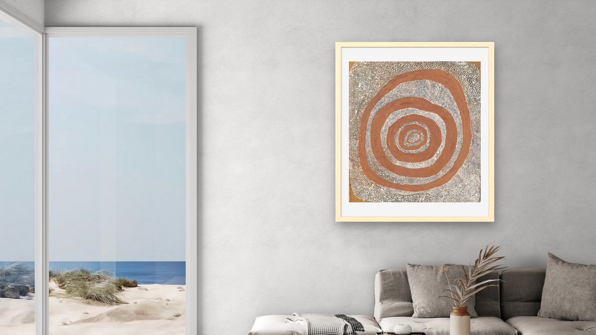 Snake and Water Dreaming by Yala Yala Gibbes, shown at 32 × 40 in (81.3 × 101.6 cm) in Arber Natural, living