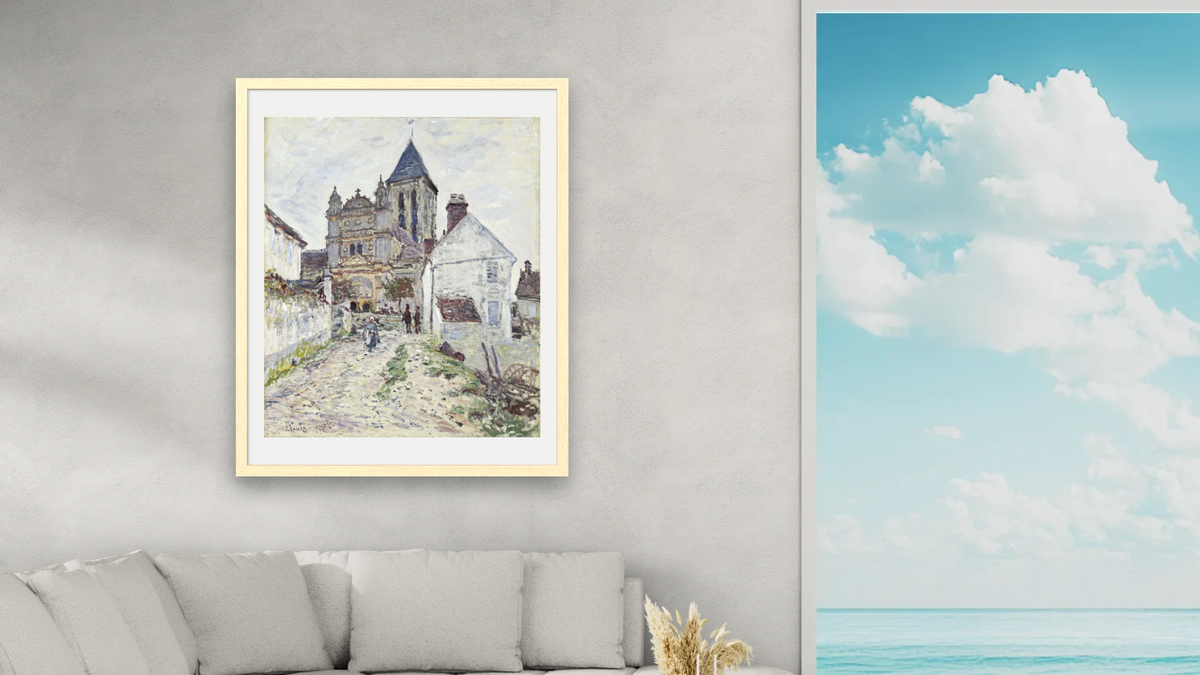 The Church at Vétheuil by Claude Monet, shown at 32 × 40 in (81.3 × 101.6 cm) in Arber Natural, living