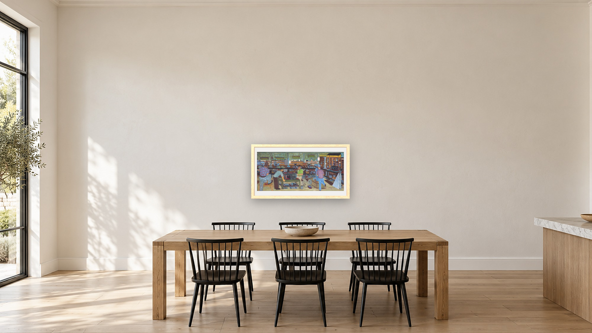 Bench Workers by Ralph Fasanella, shown at 20 × 40 in (50.8 × 101.6 cm) in Arber Natural, kitchen