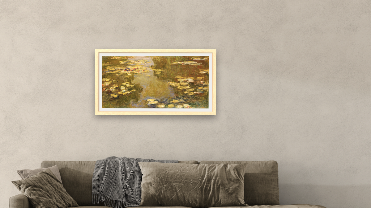 The Lily Pond by Claude Monet, shown at 20 × 40 in (50.8 × 101.6 cm) in Arber Natural, living