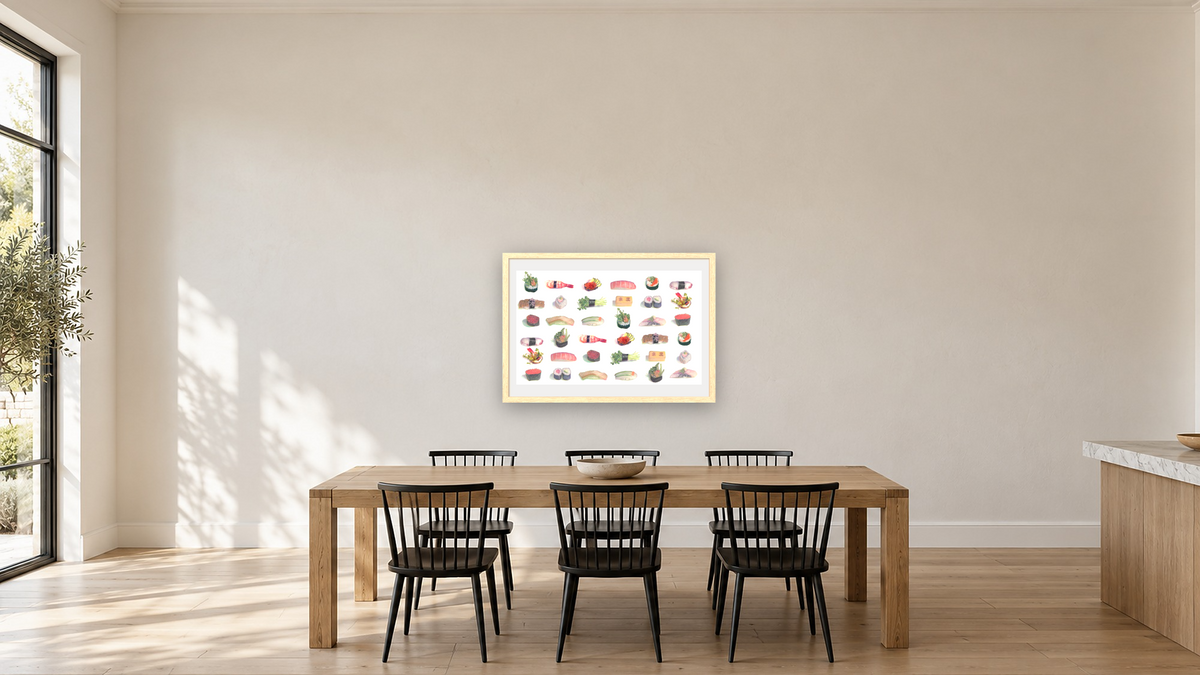 Sushi Pattern by Kirsten Söderlind, shown at 28 × 42 in (71.1 × 106.7 cm) in Arber Natural, kitchen