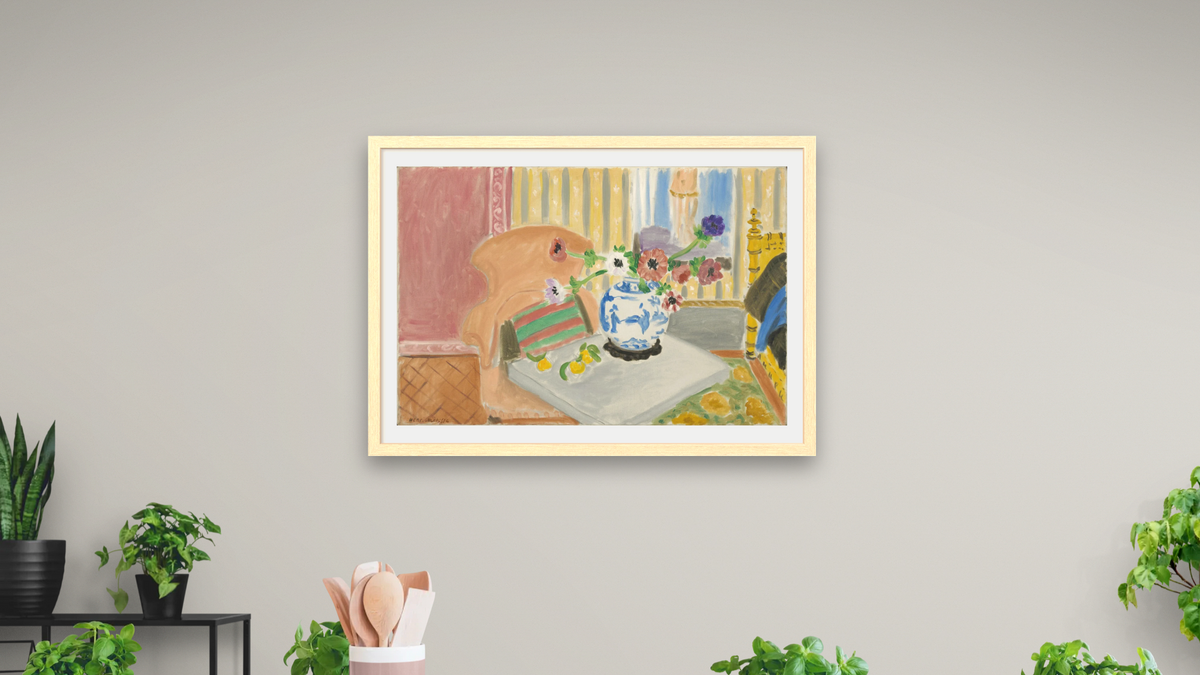 Anemones and Chinese Vase, by Henri Matisse, shown at 28 × 42 in (71.1 × 106.7 cm) in Arber Natural, dining