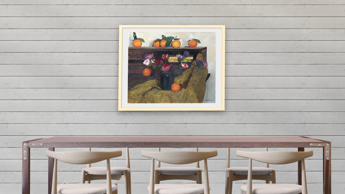 Anemones And Oranges by Félix Vallotton, shown at 32 × 40 in (81.3 × 101.6 cm) in Arber Natural, dining