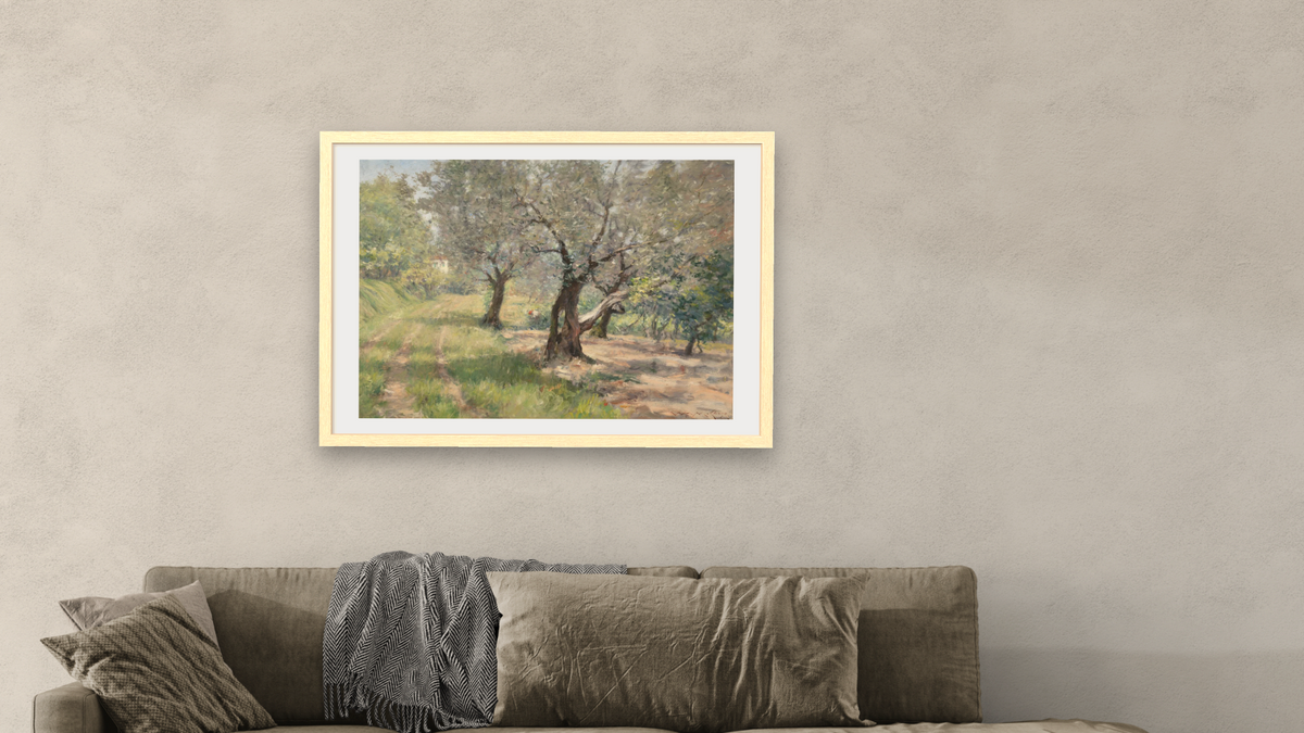 The Olive Grove by William Merritt Chase, shown at 28 × 42 in (71.1 × 106.7 cm) in Arber Natural, living