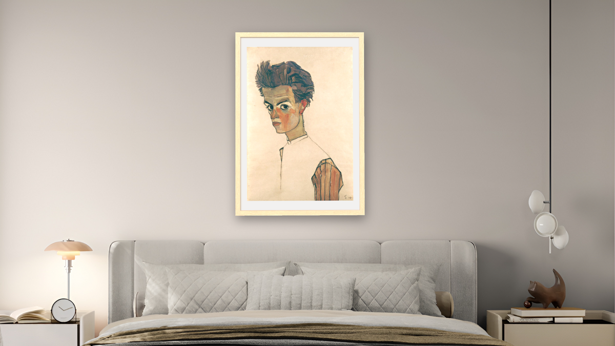 Self-Portrait with Striped Shirt by Egon Schiele, shown at 28 × 42 in (71.1 × 106.7 cm) in Arber Natural, bedroom