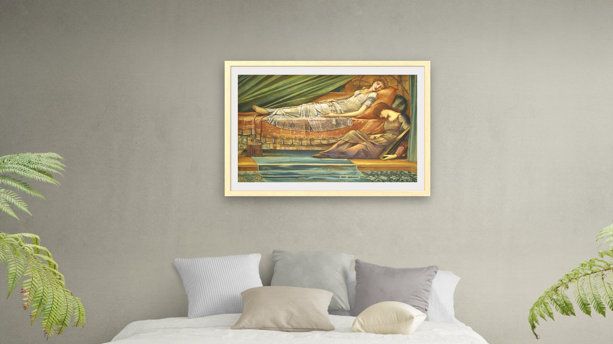 The Sleeping Princess by Edward Burne-Jones, shown at 28 × 42 in (71.1 × 106.7 cm) in Arber Natural, bedroom