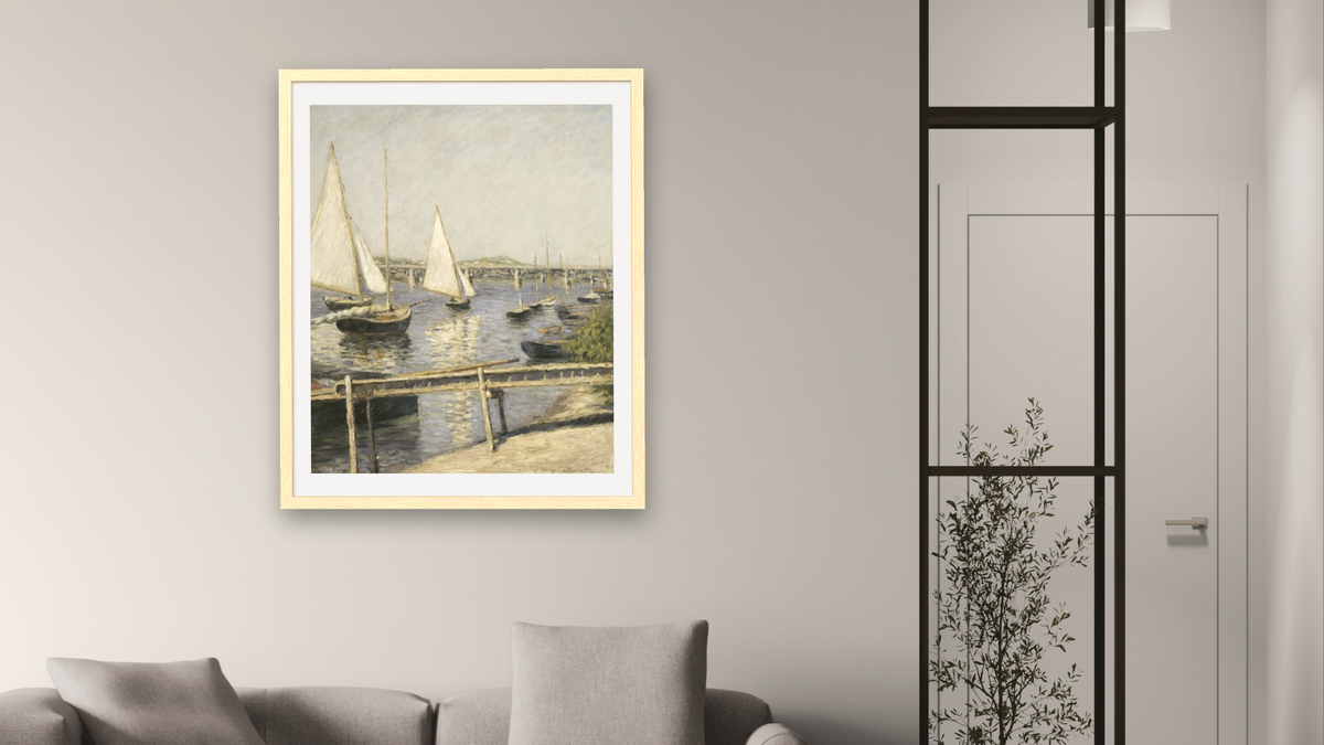 Sailing Boats at Argenteuil by Gustave Caillebotte, shown at 32 × 40 in (81.3 × 101.6 cm) in Arber Natural, living
